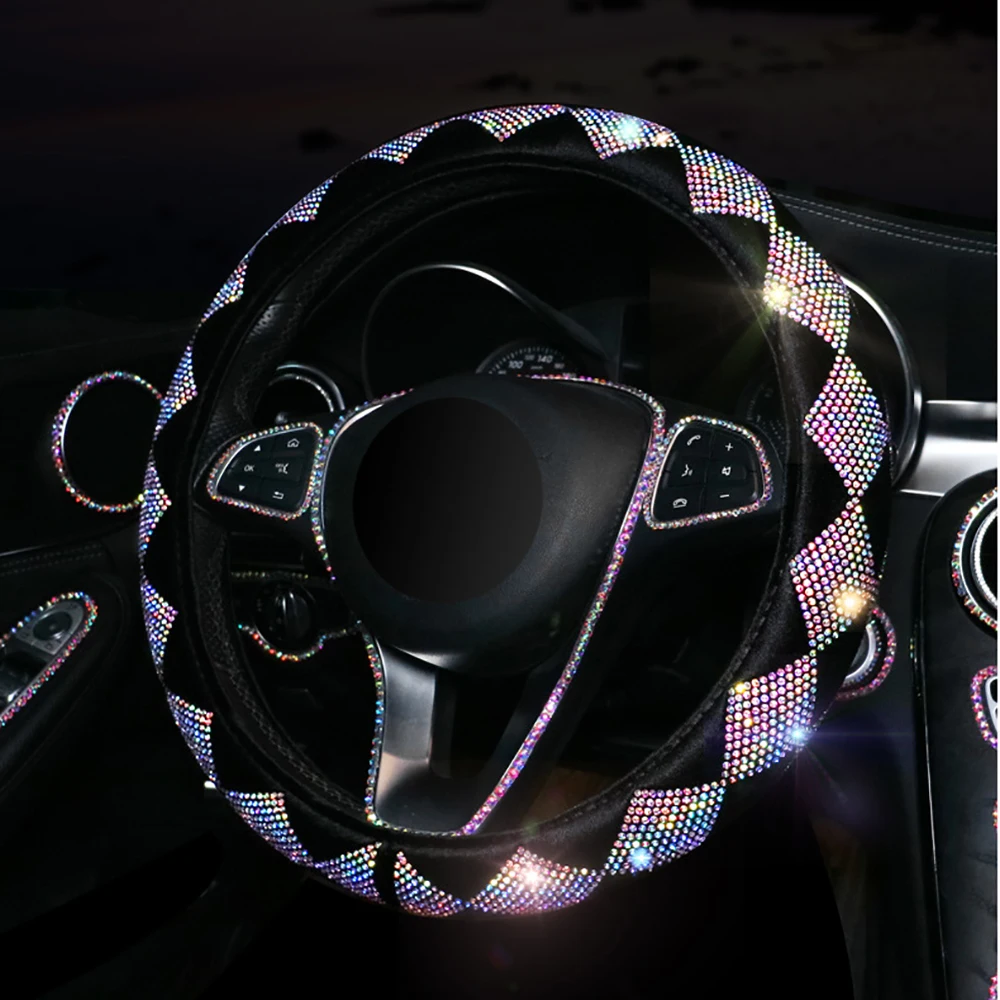 

38cm Universal Car Steering Wheel Covers Anti-Slip Plush Colorful Rhinestone Covered Car-styling Decoration Auto Accessories