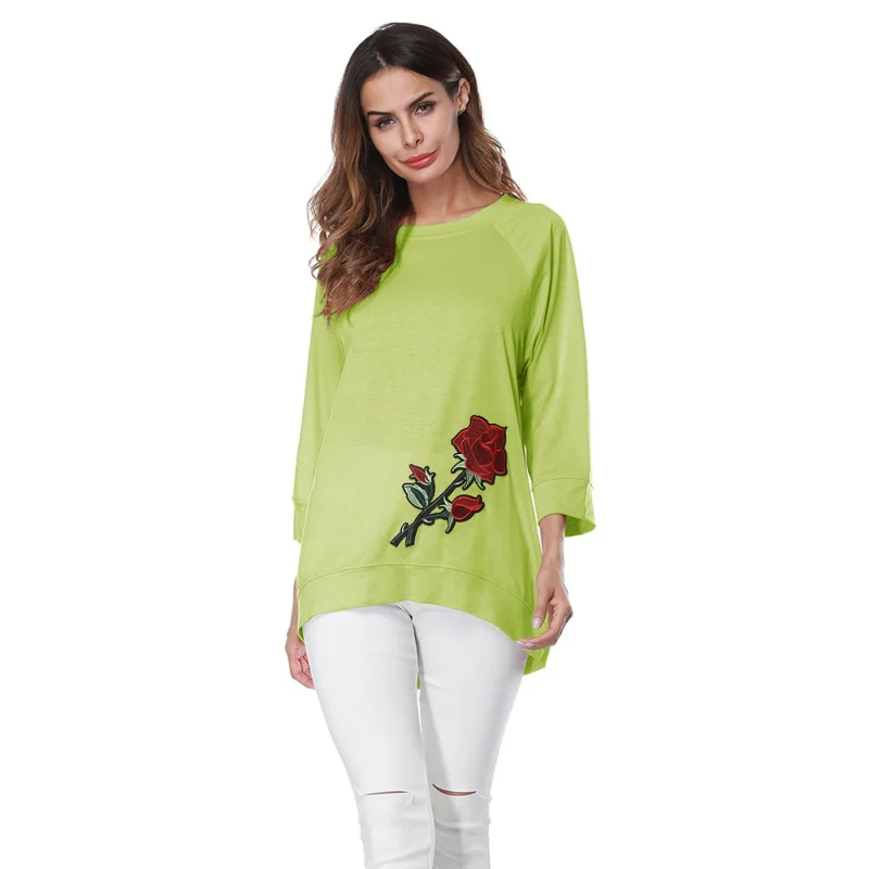 Women's T-shirts Irregular Embroidery Rose O-Neck Casual Loose Long Sleeve Front Short Back T-shirt Women Top | Женская одежда