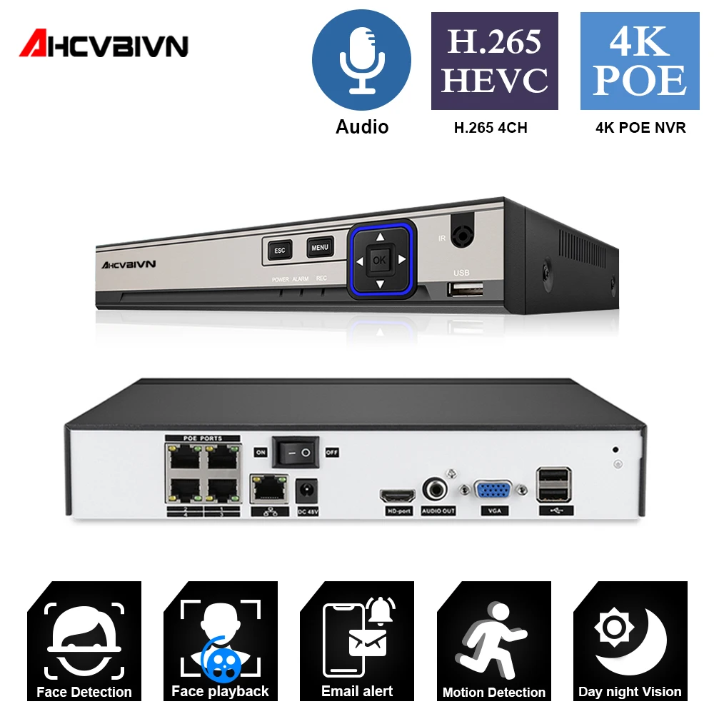 

AHCVBIVN H.265 4K POE NVR Security IP Camera video Surveillance CCTV System ONVIF 4MP 5MP 8MP Network Video Recorder 4CH