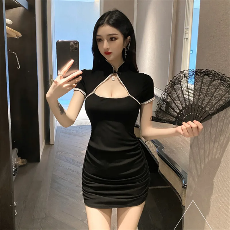 

Real shot 2020 new summer retro elegant sexy short-sleeved nail bead hollow sexy fashion waist bag hip dress