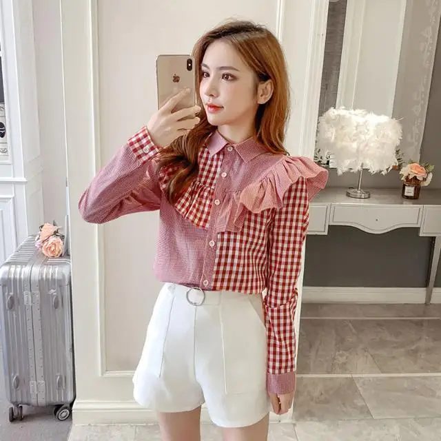 

2021 New Fashion Women Spring Autumn Ruffled Turn-Down Collar Shirts Office Ladies Elegant Patchwork Long Sleeve Top Blouses A55