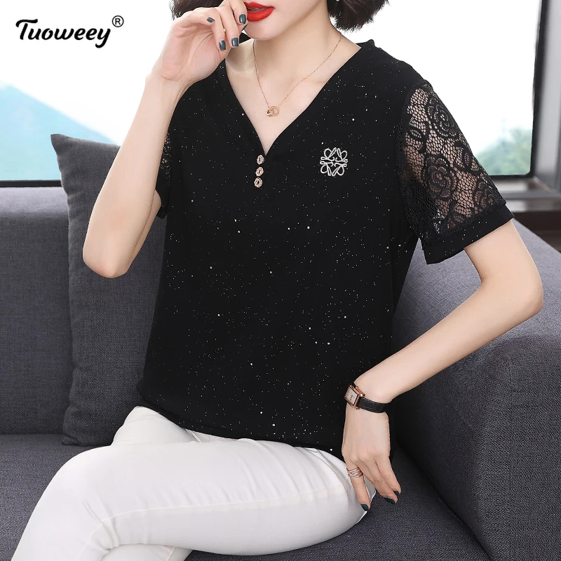 

Женские блузки размера плюс 4XL, Летние Стильные топы, новая блузка с цветочным принтом, Свободная рубашка с v-образным вырезом и коротким рук...