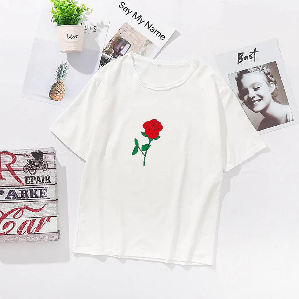 Летняя женская футболка с принтом розы s коротким рукавом размера плюс