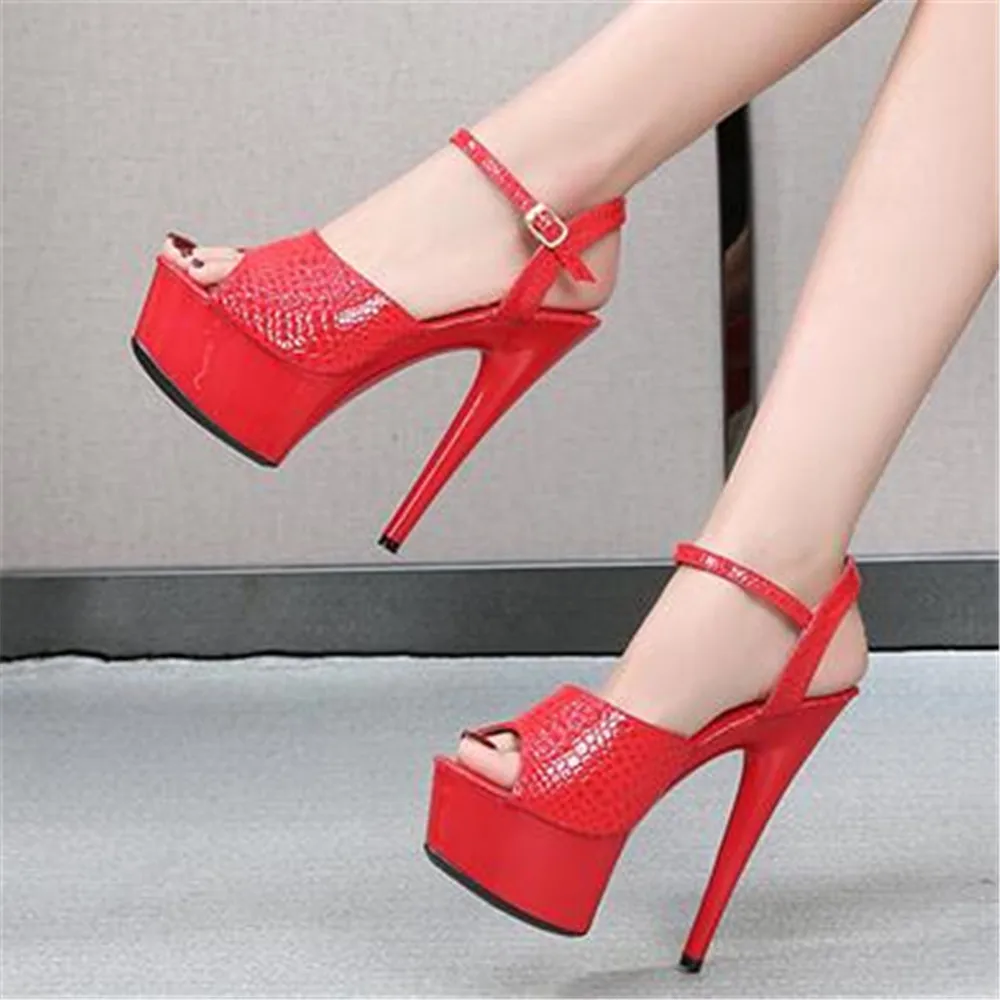 

Women Sandals 2021 Summer New Fashion Stone Pattern Stiletto Waterproof Platform 13/15 CM High Heels Female Catwalk Shoes Black