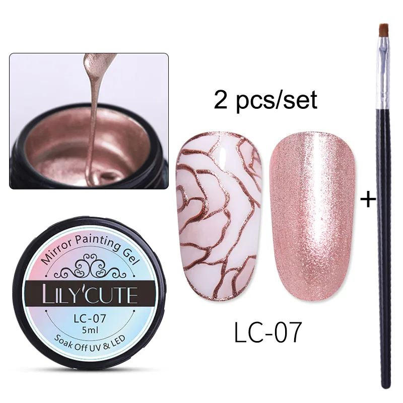 2PCS 7 LILYCUTE 5 мл металлический зеркальный Гель-лак для ногтей, рисунок, роза, красное золото, серебро, Гель-лак для ногтей, сделай сам - Цвет: 2PCS 7