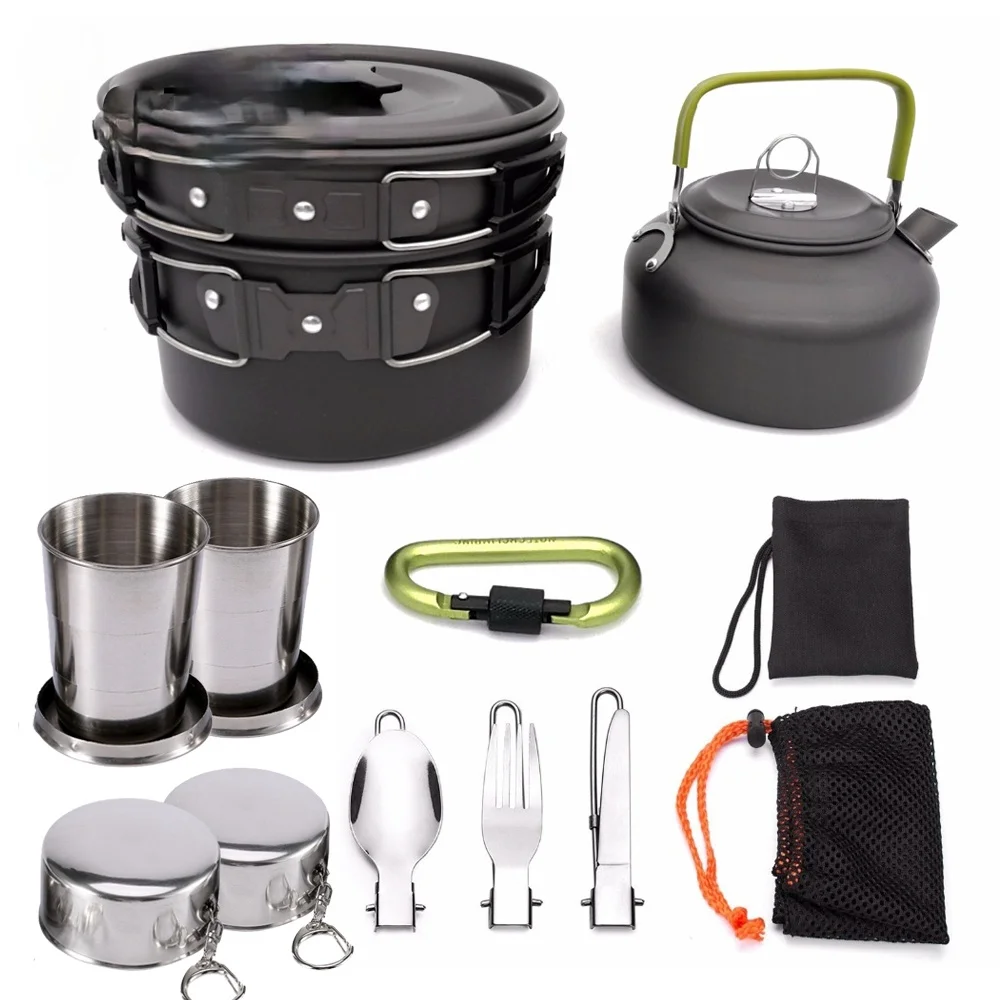 1 Set Of Aluminum Alloy Round Picnic Cookware, A Set Of Non-Stick Tableware With Folding Spoon, Fork, Knife, Kettle, Cup