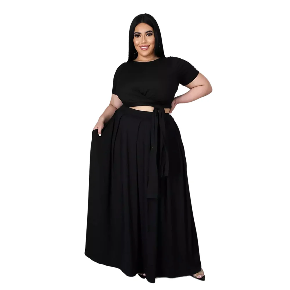 

Plus Size Outfits for Women 4xl 5xl Fashion Round Collar Solid Color Bandage Swing Two Piece Set Skirts Wholesale Dropshipping
