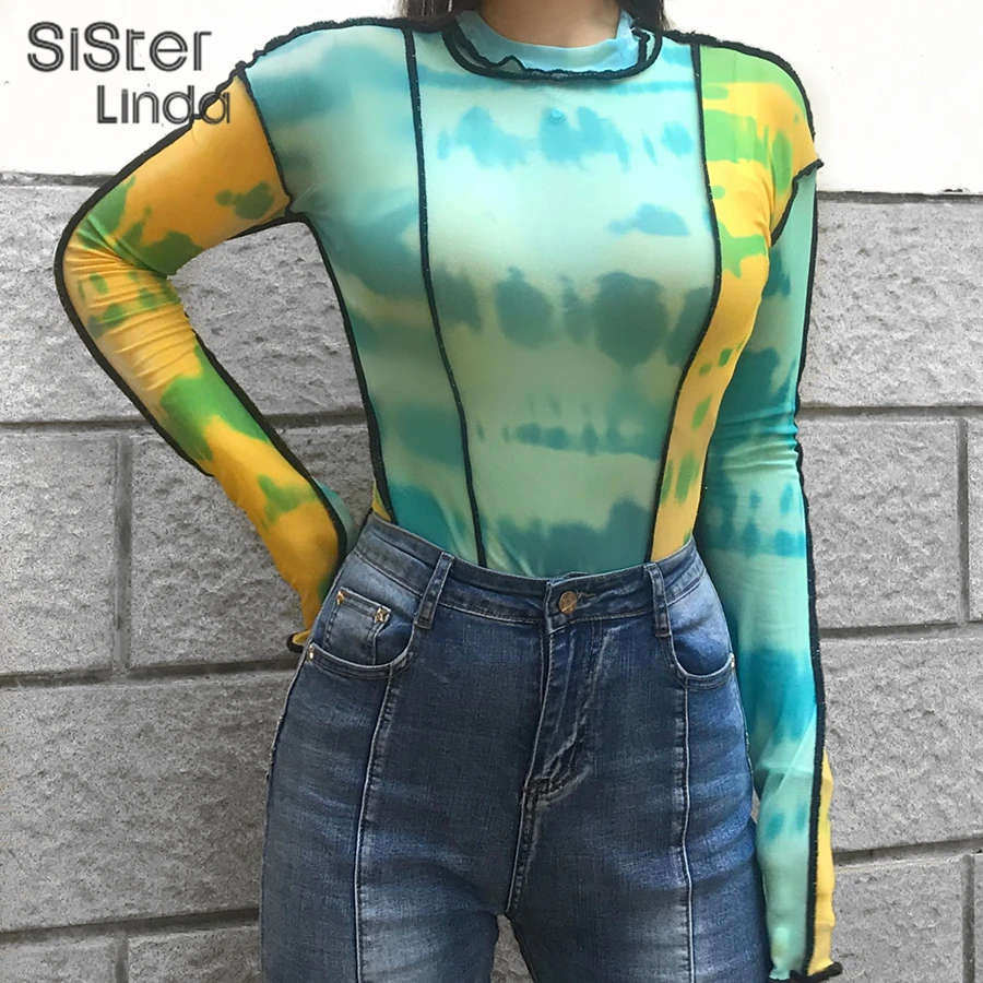 Sisterlinda/Модная Сетчатая футболка с разноцветным принтом, топ с оборками, Женская Базовая футболка с длинными рукавами и высоким воротником, новинка, горячая тонкая футболка Mujer