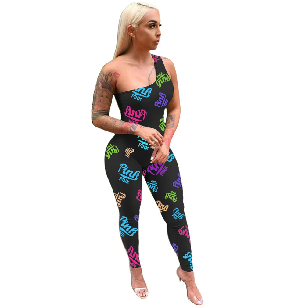 

Women Pink Letter Graffiti Jumpsuit One Shoulder Sleeveless Bodycon Fashion Casual Streetwear Fitness Summer Bodysuit women 2021