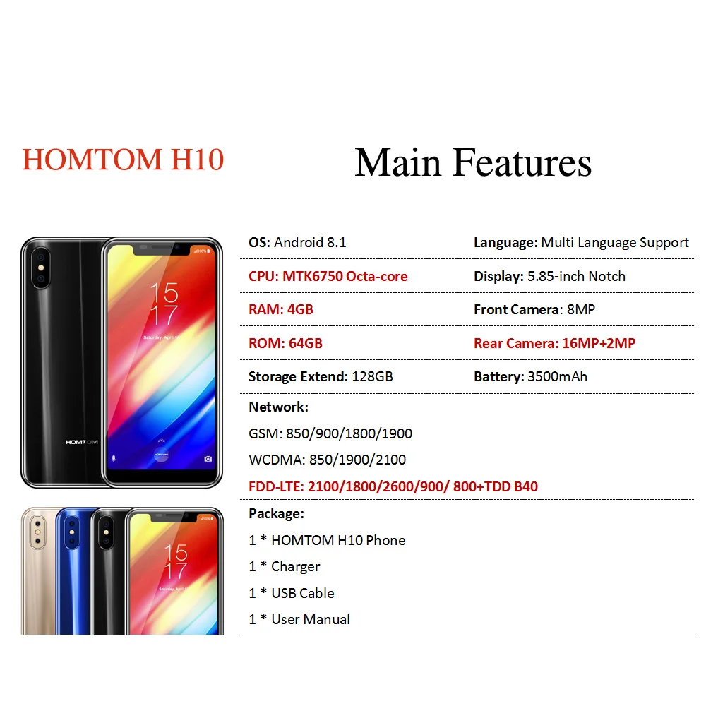 Мобильный телефон HOMTOM H10 Android 8,1, четыре ядра, 4 Гб ОЗУ, 64 Гб ПЗУ, 3500 мА/ч, 16 Мп+ 2 Мп, задняя камера, боковой смартфон с отпечатком пальца
