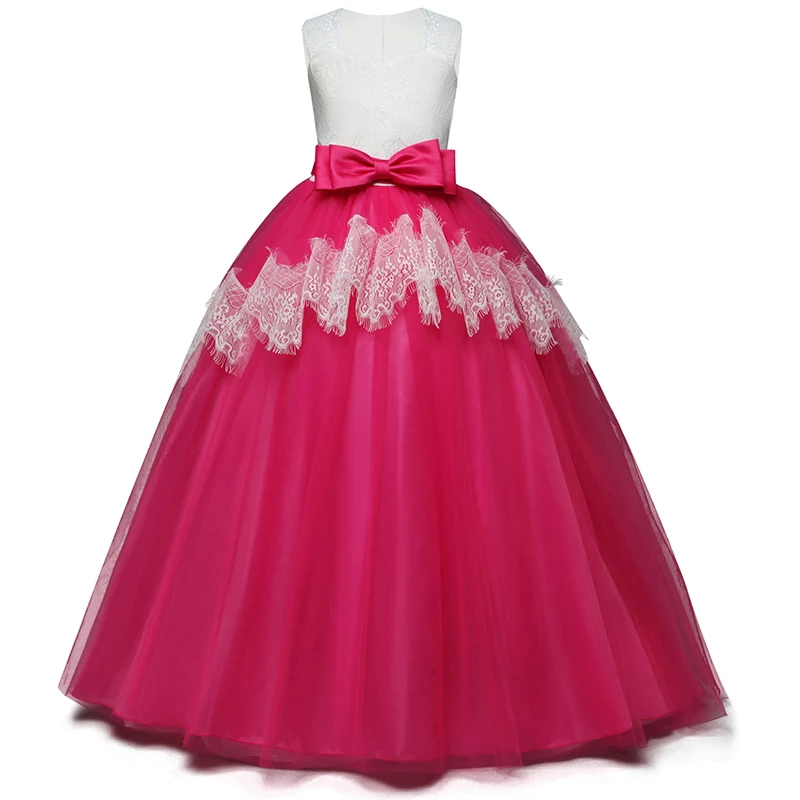 Rose Kid Dresses for Girls Wedding Elegant Flower Princess Formal Long Gown Baby Girl Christmas Dress Vestido Infantil 6 12 14 Years - Цвет: Rose