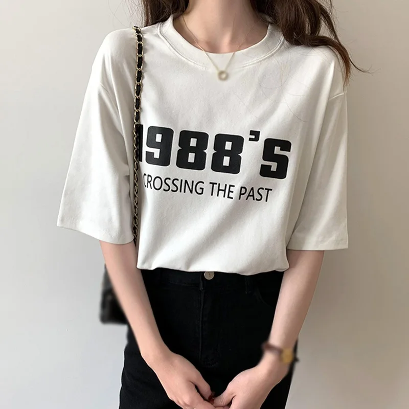 

Women Korean O Neck Number Printed Loose Casual Fashion Short-Sleeved T-Shirt