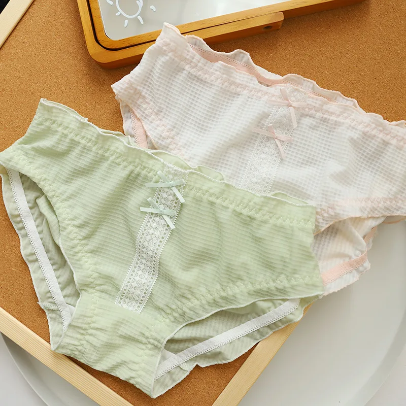 

Summer ice silk Waffle Mid-rise Panties women Japanese fresh Floral Seamless briefs lingerie women Panties N383