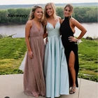 Женское атласное платье на тонких бретельках, длинное вечернее платье небесно-голубого цвета с V-образным вырезом для выпускного вечера