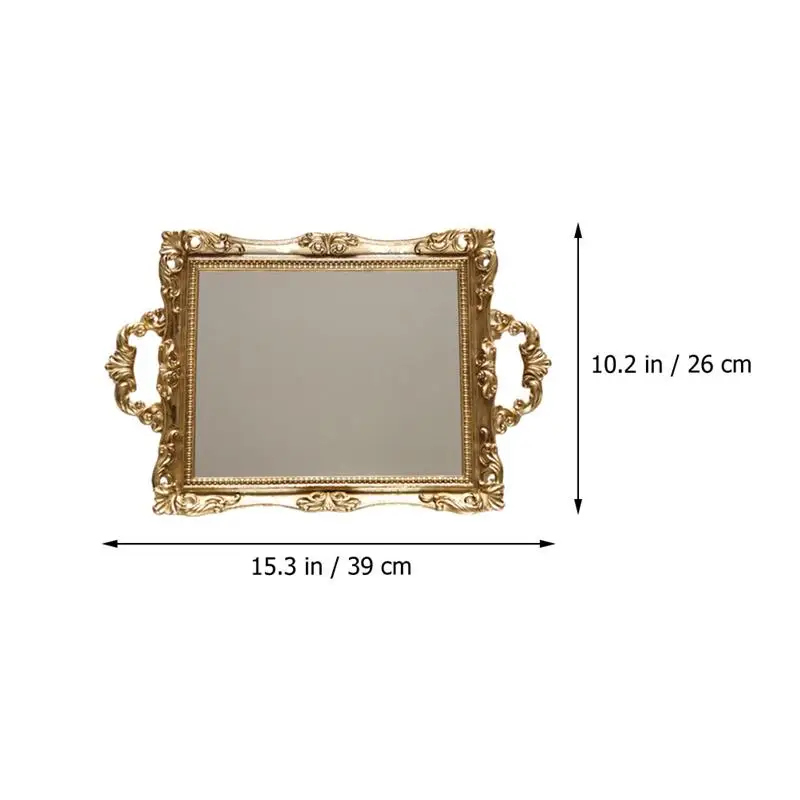 

European Vintage Carved Mirror Tray Resin Glass Mirror Makeup Plate Wedding Dessert Table Storage Decoration