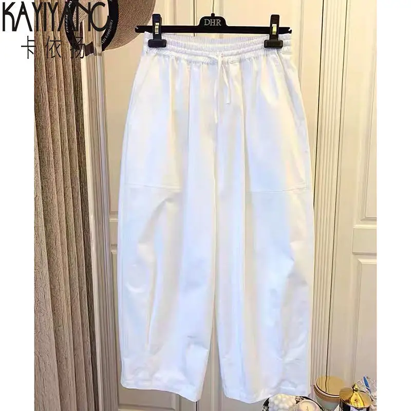 

ZAWAHIKI Pantalones De Mujer High Waist Ankle-length Summer Solid Korean Style Woman Pants Casual 2021 Drawstring Ropa Mujer