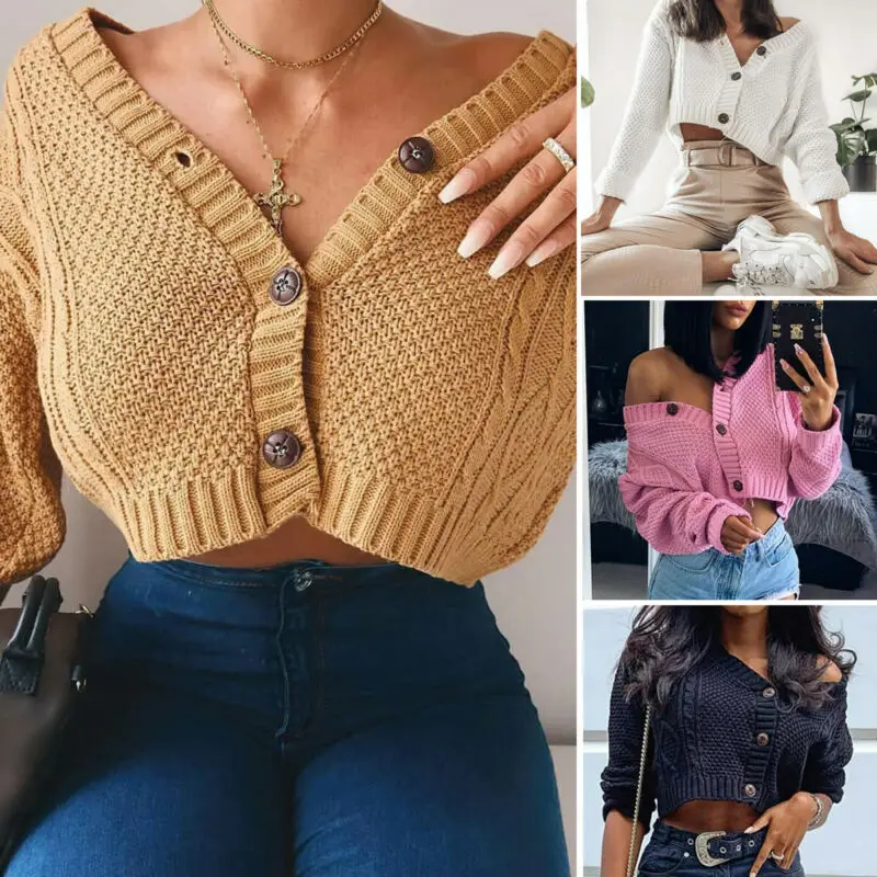 

Кардиган женский трикотажный на пуговицах, повседневный Однотонный свитер с длинным рукавом, с глубоким V-образным вырезом, базовая одежда ...