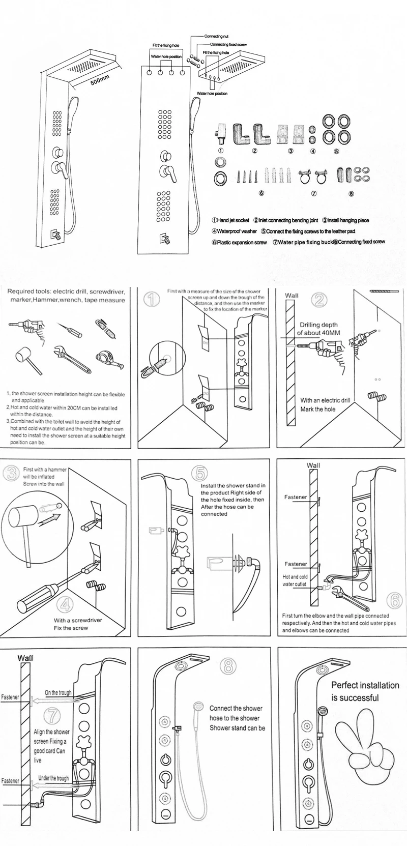 Роскошный черный/матовый душевой кран для ванной комнаты, светодиодный душевой панельный столбик, смеситель для ванной с ручным душевым температурным экраном