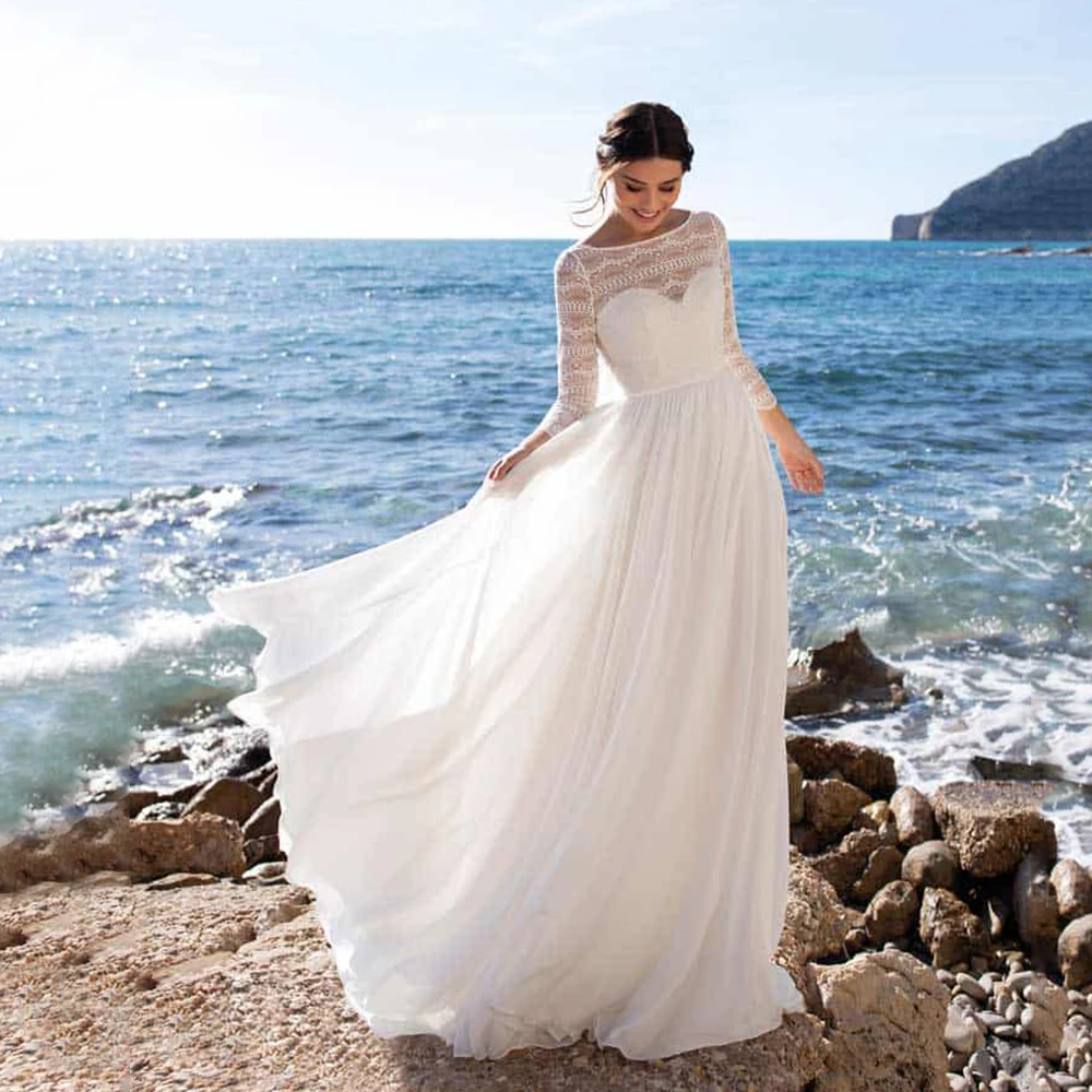 

Bohemian Beach Wedding Dress For Woman With Long Sleeves Floor Length A Line 2021 Bridal Gown Vestidos De Novia Sweep Train