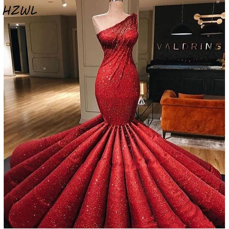 Великолепное красное платье на одно плечо русалки для выпускного вечера длинное