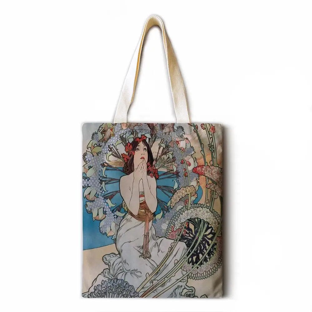 

Oil painting girl printing ladies leisure tote bag large capacity cotton and linen female shopping bag lady shoulder handbag bea