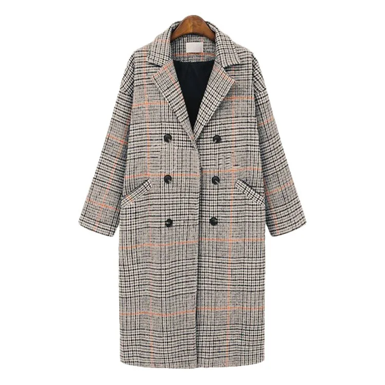 

laid Double breasted Wool Blazers Jacket Female Elegant Overisze Outwear Autumn Winter Long Coat Women 2020 Casual Plus Size P