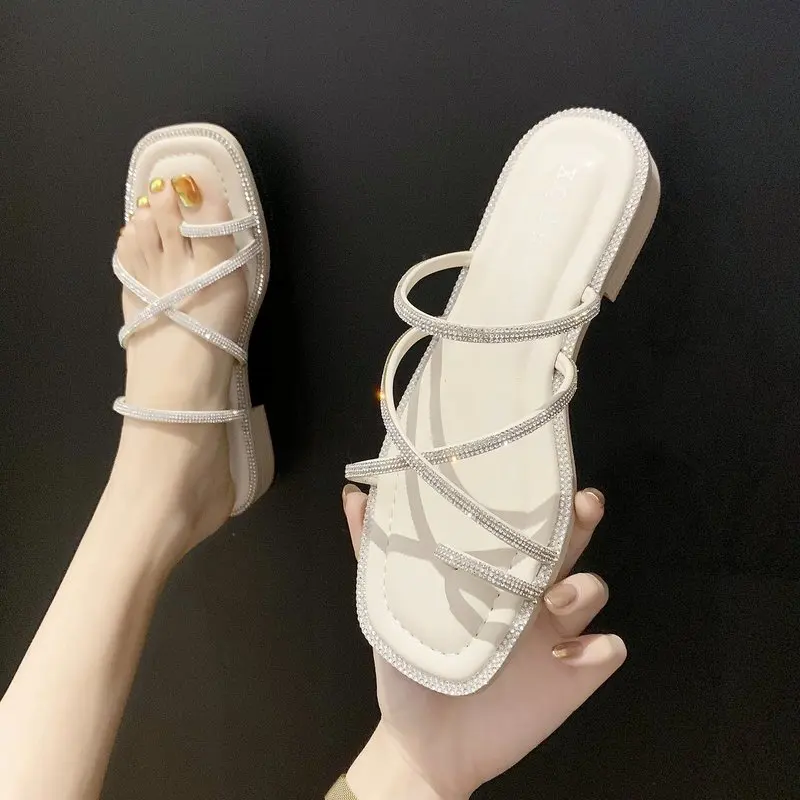 

Female Shoes Womens Slippers Outdoor Square heel Luxury Slides Low Jelly Flip Flops 2021 Block Designer Glitter Rome Hoof Heels