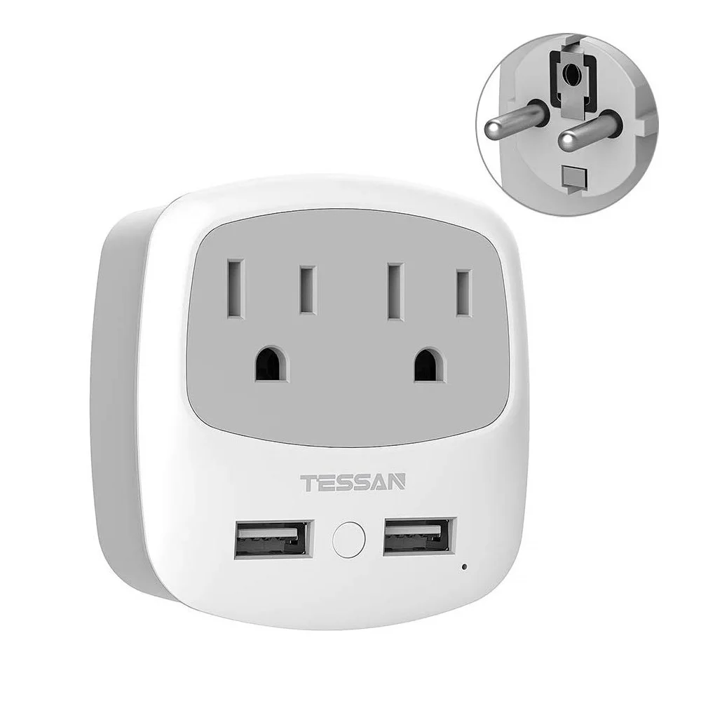 

TESSAN US to European German French Spain Iceland Russia Korea Travel Power Adapter Plug with 2 USB Ports 2 AC Outlets -Type E/F