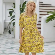 GREYGEM Summer Dresses for Female V Neck Half Sleeve Knee Length Drawstring Waist Ruffle Hem Floral Print Women's Clothing