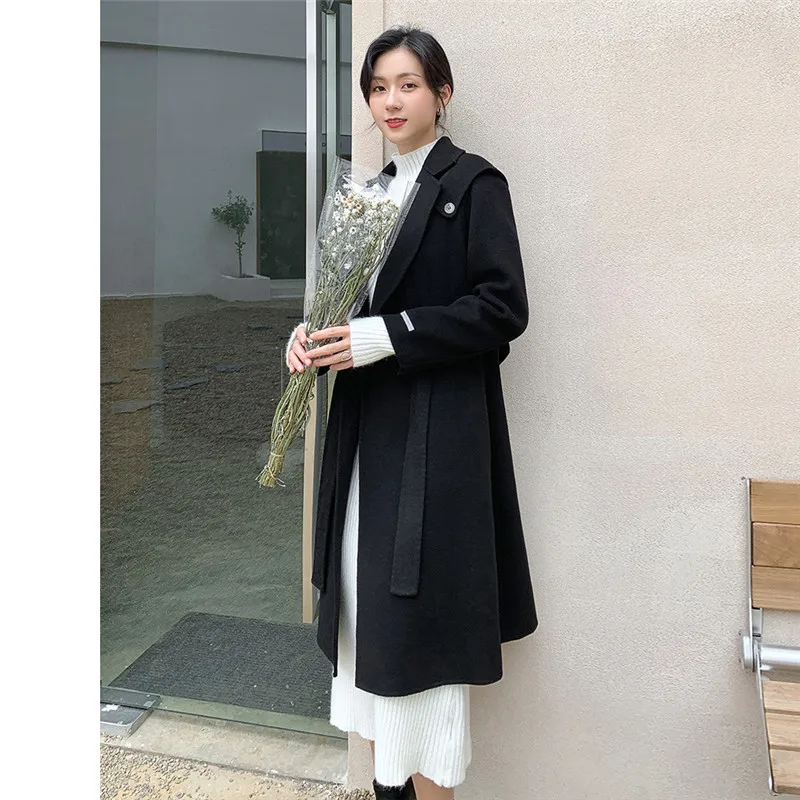 

Autumn And Winter New Simple Hepburn Style Belt Handmade Wool Pure Color Double Sided Woolen Temperament Coat Jacket Female C201