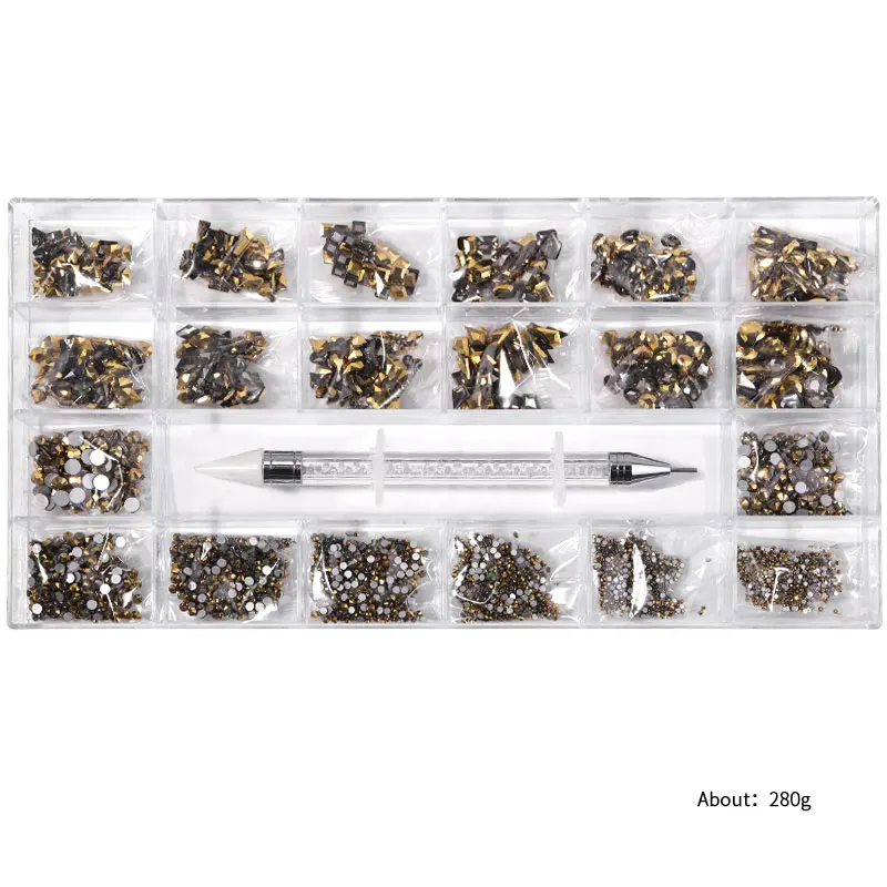 

21Grids Mine Gold Nails Rhinestone Nail Art Dotting Pen Manicure Kits Irregular Bead 3D Non HotFix FlatBack Studs Gem Decoration