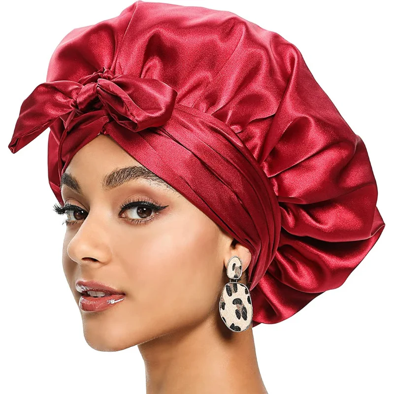 

Custom Logo Satin Bonnet With Wide Edge Control Wrap Headband Double Layer Wig Virgin Hair Customize Sleeping Bonnets With Women