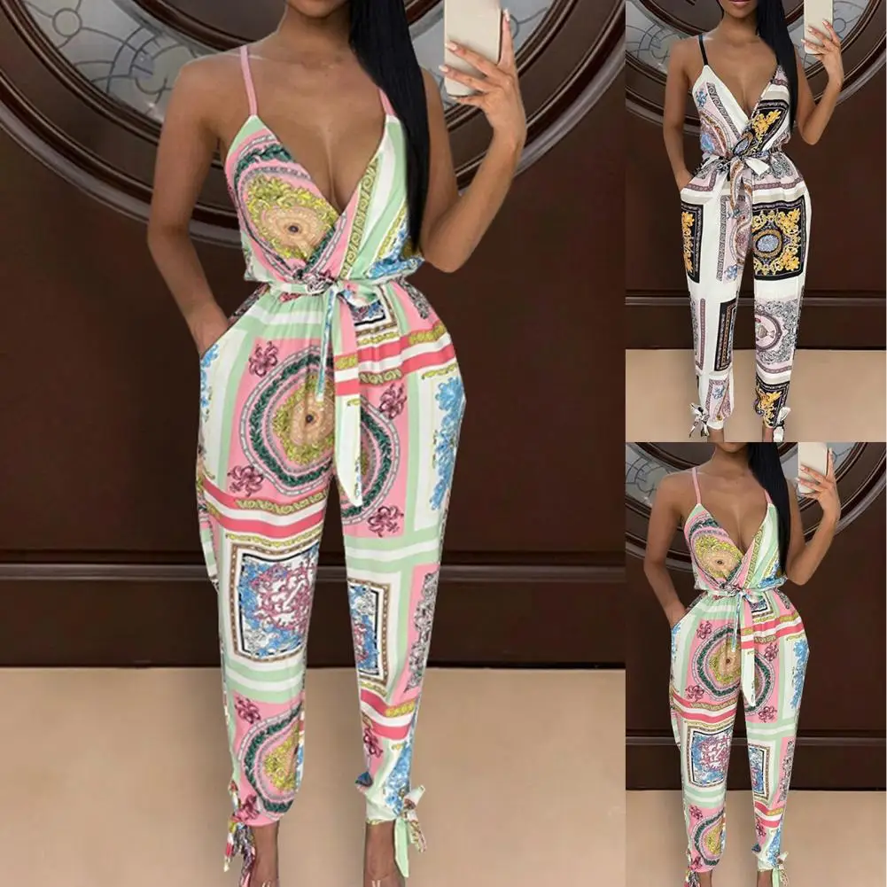 

Summer Popular Women Cropped Jumpsuit Ethnic Print Spaghetti Strap Women V Neck Waist Tied Ankle Tied Jumpsuit for Vacation