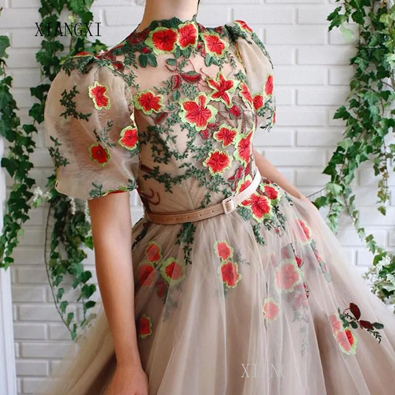 

Youthful Long Evening Dress 2020 High Collar Half Sleeves 3D Flower Evening Dresses Prom Party Dress Formal Gown vestidos