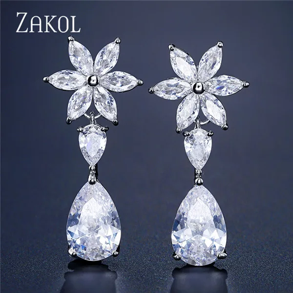 White Color ZAKOL роскошные длинные висячие серьги в форме капли воды с кубическим цирконием для элегантных женщин свадебные ювелирные изделия платье FSEP2291 - Окраска металла: White Color