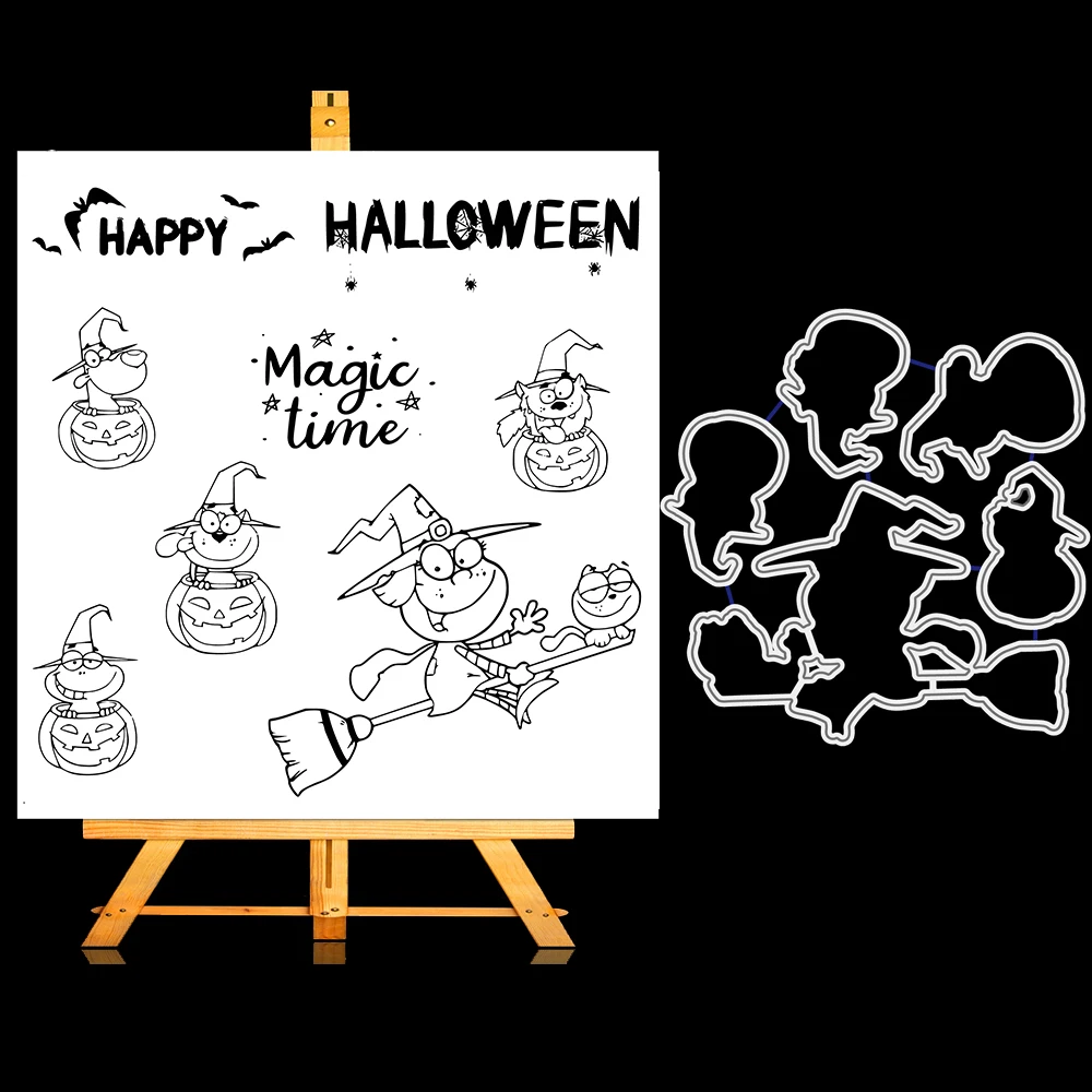 

ZhuoAng Little witch Cutting Dies and Clear Stamp Set for DIY Scrapbooking Photo Album Decoretive Embossing Stencial