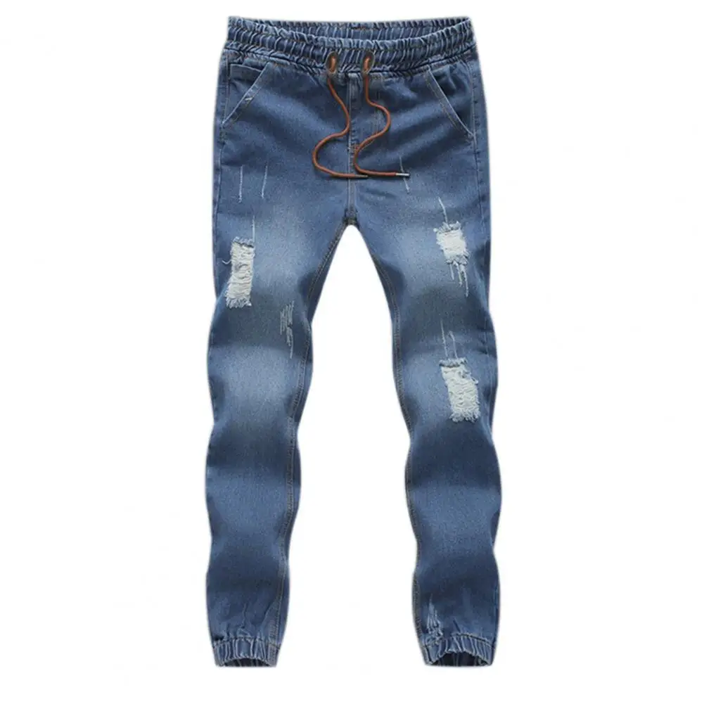 

Fashionable Bottom Pants Breathable Hole Pocket Long Men Ripped Skinny Jeans Blue Pencil Jeans for Daily Life
