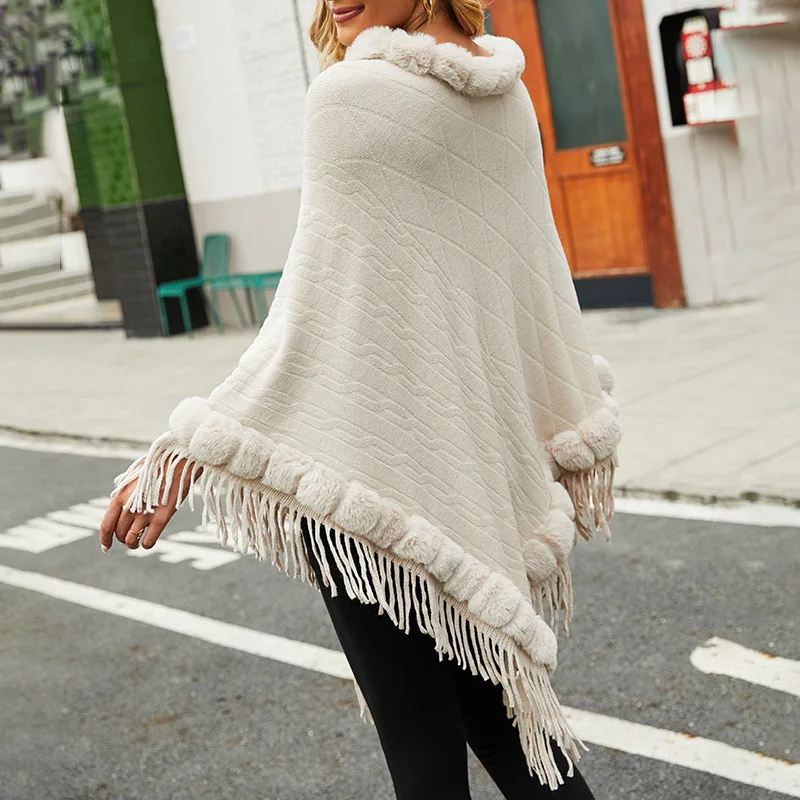 Women Autumn Winter Knitted Clothing Femme Oversize Shawls Wraps Tassel Fur Collar Loose Solid Color Aesthetic Cape Streetwear