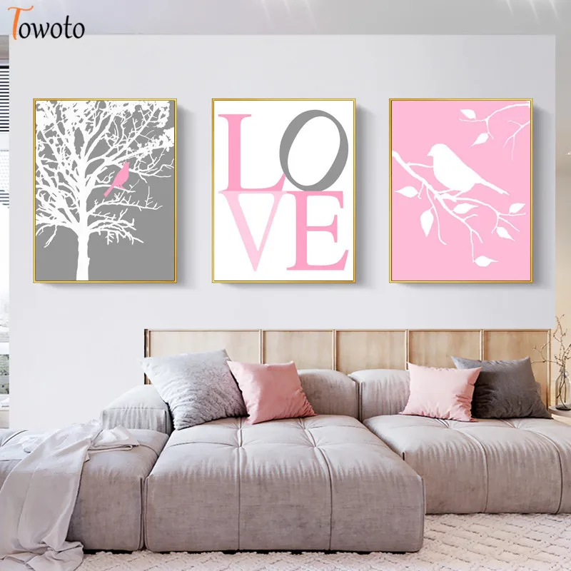 Серый розовый холст картина Цитата плакат Современные Деревья птица с принтом в