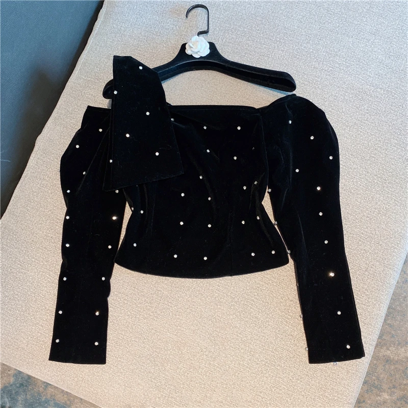 

2021 Spring Autumn Clothes New Sexy Off-the-Shoulder Hot Rhinestone Gold Velvet Top Women Black Crop Coat Long Sleeve Blouses