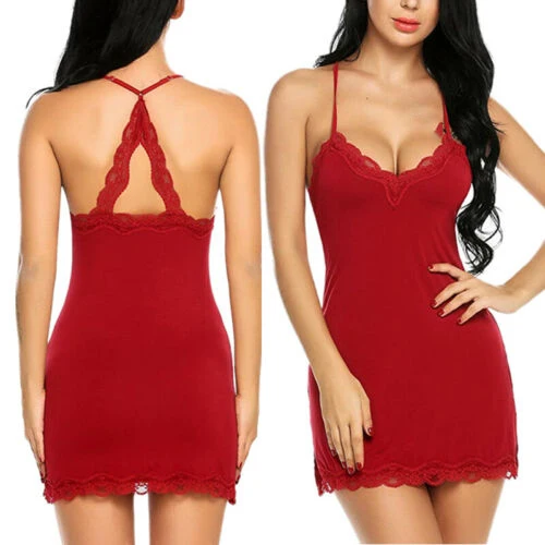 

Hot Erotic Nightie Nightgown Sleep Wear Sexy Sleepwear Women Lace Lingerie Night Mini Dress Deep V Neck