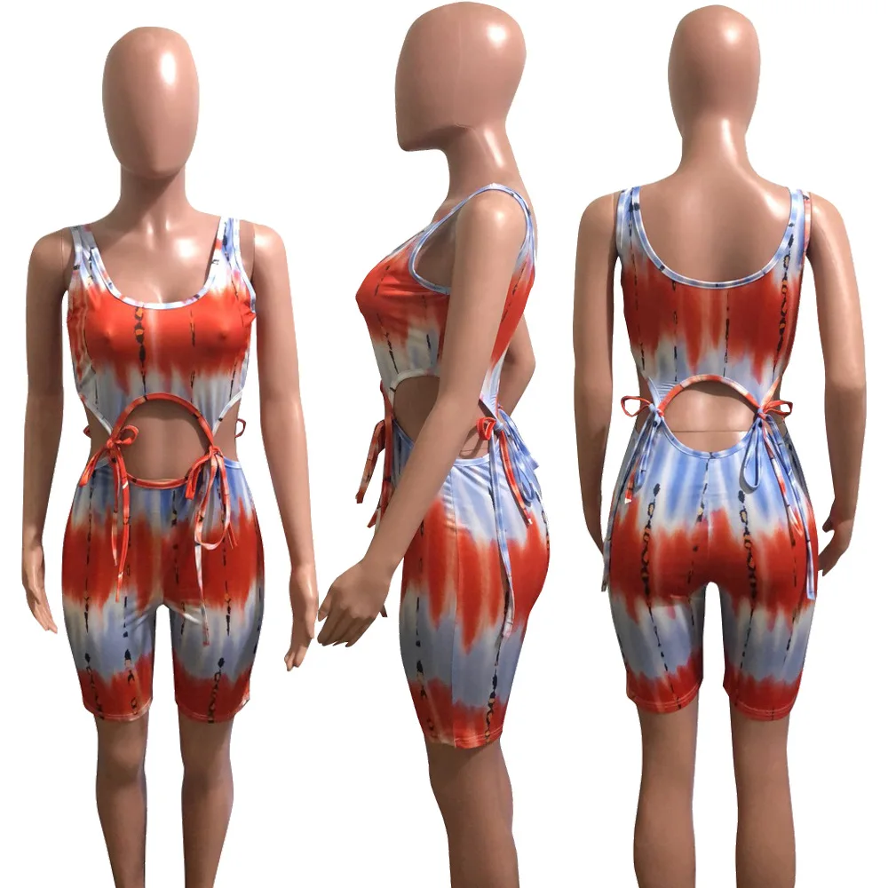 

Tie Dye Print Sleeveless Tank Tops & Biker Shorts Hollow Out Backless Summer Women Suit Hot Style Two Piece Set