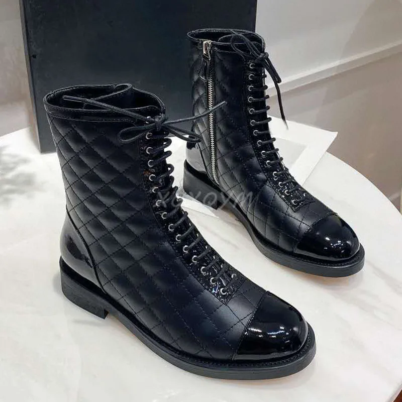 

Luxury Brand natural Leather Women Martin Boots Lace Up Side Zip Rhombus Plaid Ankle Boots Short Boots Zapatos De Mujer