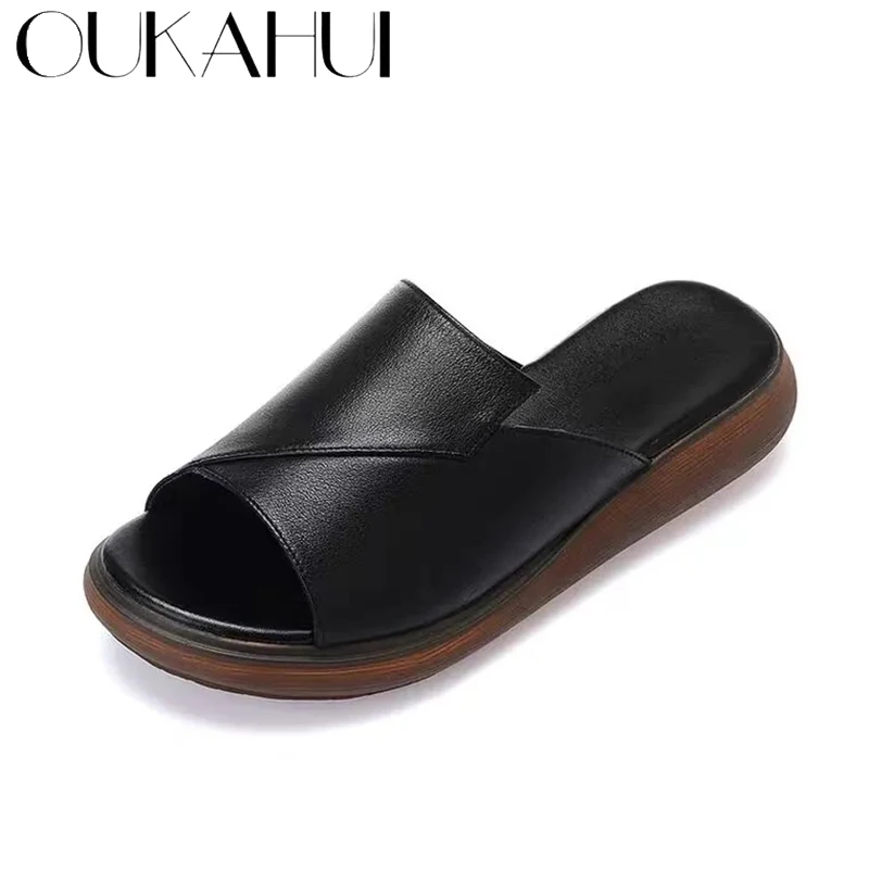 

OUKAHUI High Quality Genuine Leather Slippers Women Outdoor Casual Simple Open Toe Comfort Soft Bottom 2021 Summer Slides Ladies