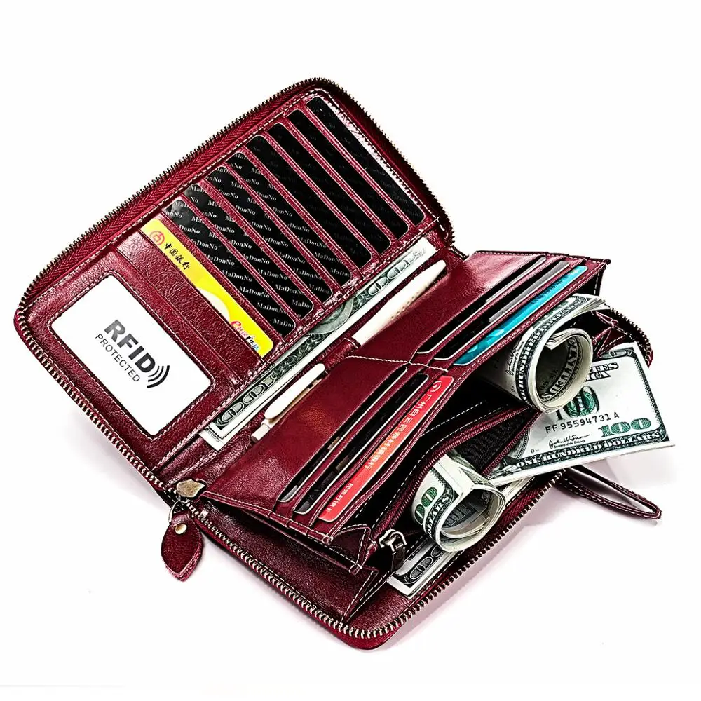 

Women RFID Long Wallet Fashion Zipper Purse Cow Leather Phone Case Casual Female Cards Holder Zipper Coin Wallet Passport Case
