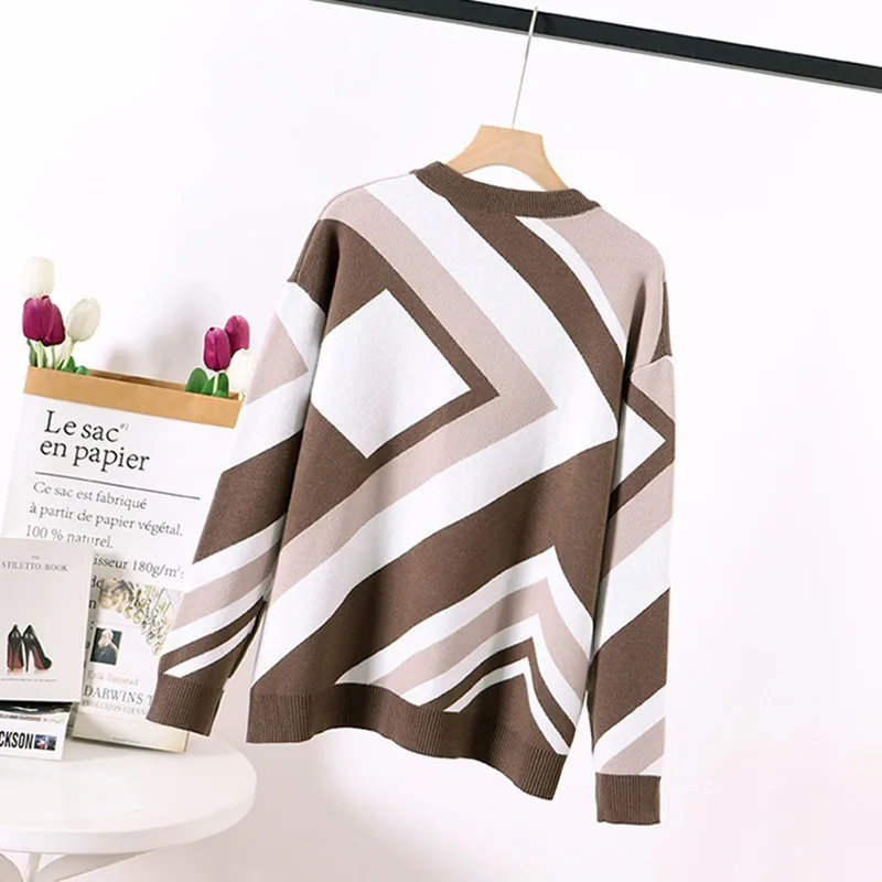 

Fashion Woman Sweaters O Neck Jaquard Knit Pullover Tops Geomatric Patern Womens Winter Sweaters Autumn Sweater Women