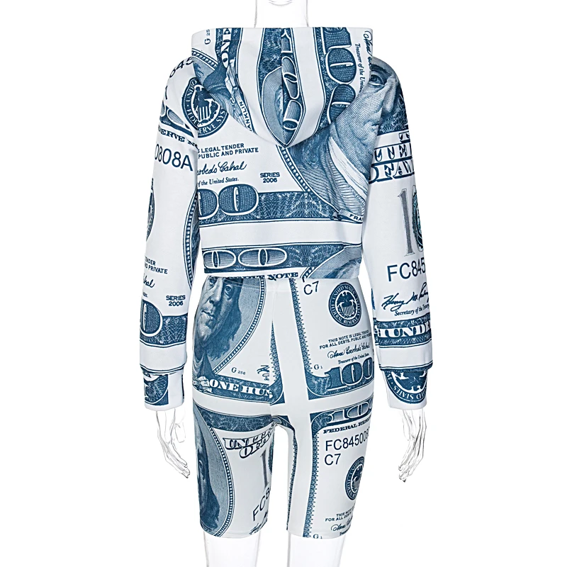 

Dulzura Dollar Print Women Two Piece Set Sweatshirt Hoodie Pullover Biker Shorts Streetwear Casual Loungewear Tracksuit Matching