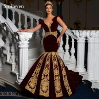 smileven sexy v neck burgundy mermaid morocco caftan evening party dress gold lace velvet prom gowns traditional women dresses