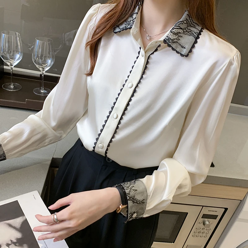 

Houthion New Silk Long-sleeved Women's Blouse Lapel Pure Color Stitching 2021 Korean Tops Slim Comfortable Fashion Casual Shirt