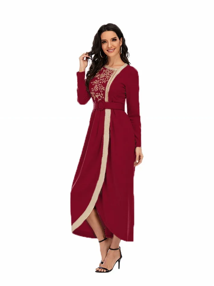 

2021 New Style Dress Fashion Elegant Womens Long Dress Irregular Collar Long-Sleeved Embroidery Beaded Long Slim Dress With Belt